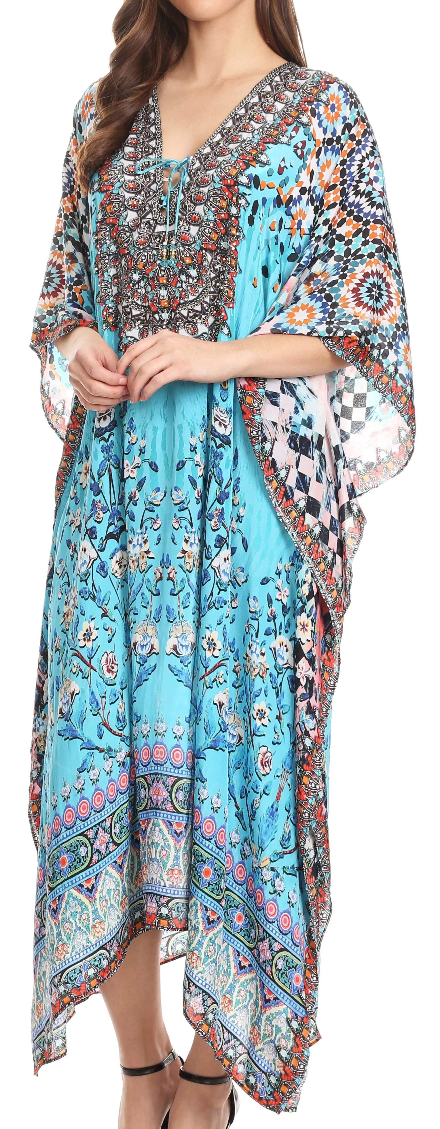 Sakkas Imani V-neck Silky Lightweight Colorful Flowy Rhinestone Kaftan / Cover Up