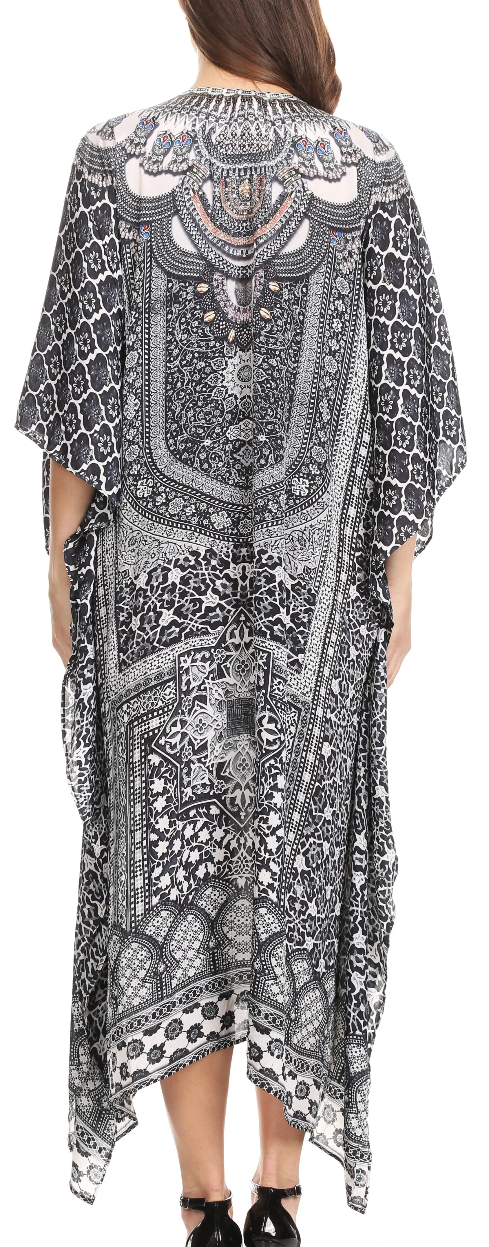 Sakkas Imani V-neck Silky Lightweight Colorful Flowy Rhinestone Kaftan / Cover Up