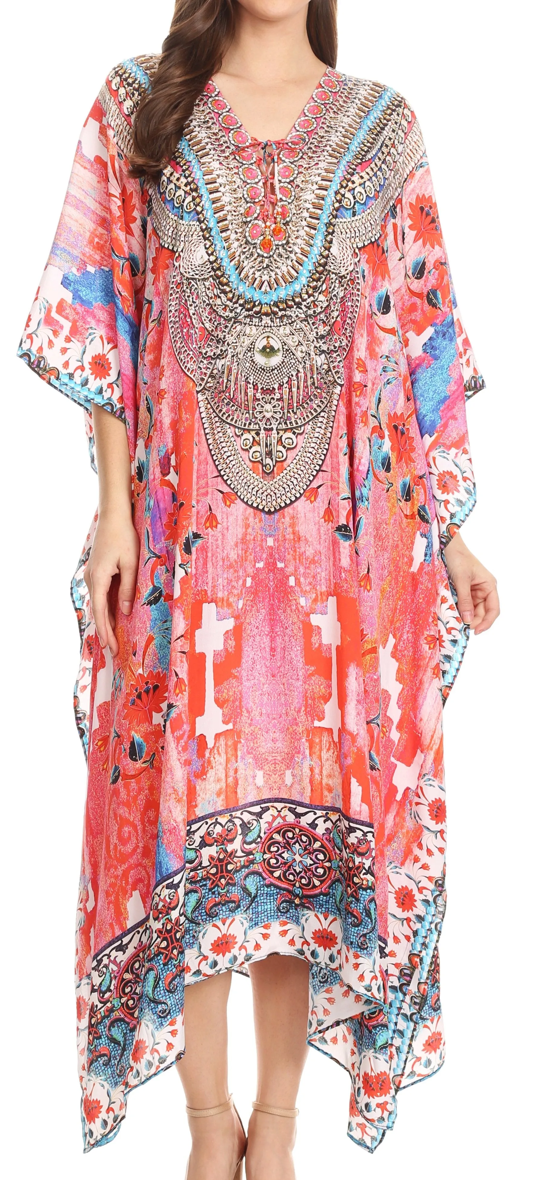 Sakkas Imani V-neck Silky Lightweight Colorful Flowy Rhinestone Kaftan / Cover Up