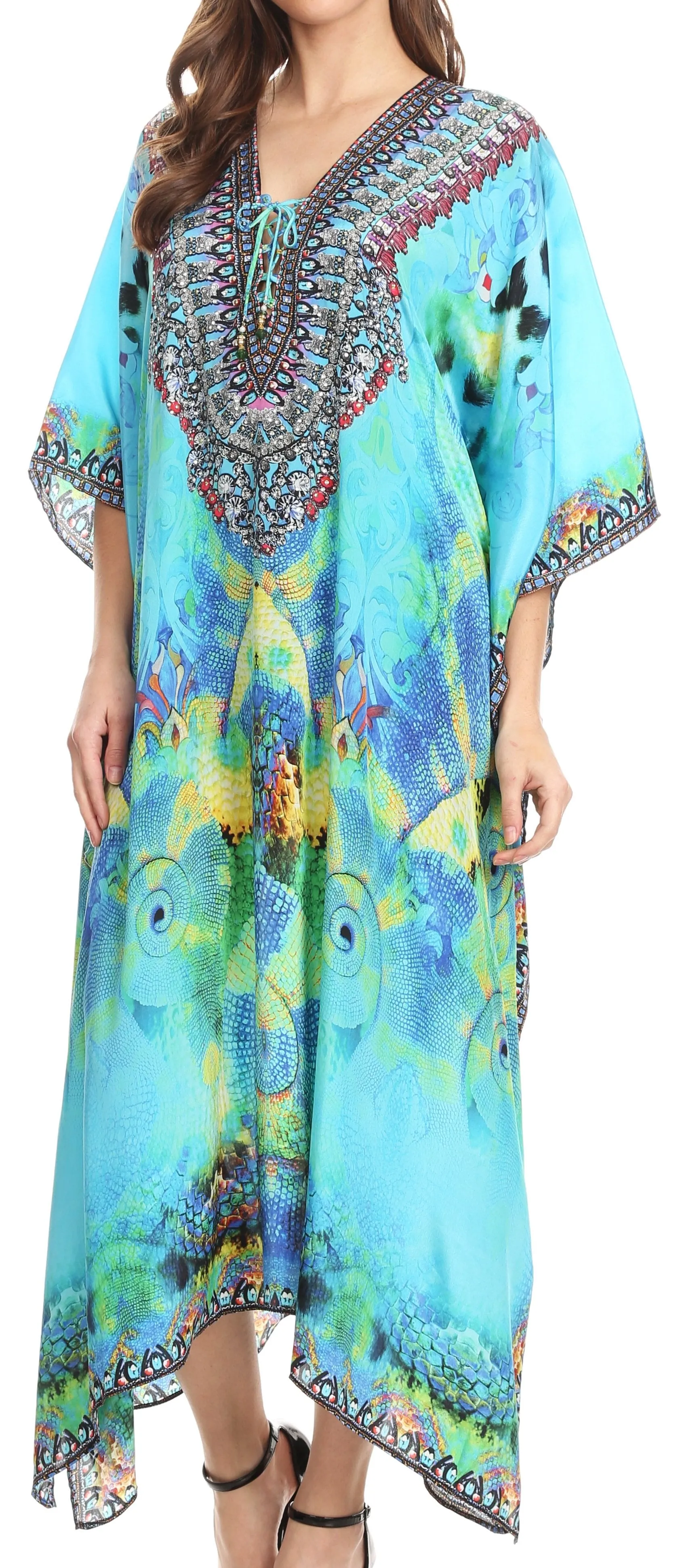 Sakkas Imani V-neck Silky Lightweight Colorful Flowy Rhinestone Kaftan / Cover Up