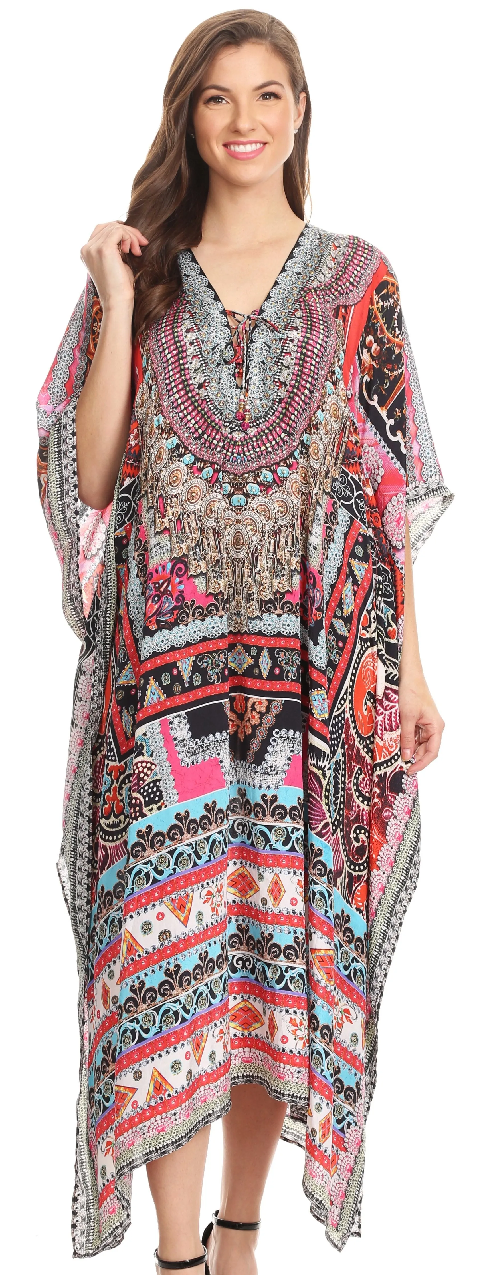 Sakkas Imani V-neck Silky Lightweight Colorful Flowy Rhinestone Kaftan / Cover Up