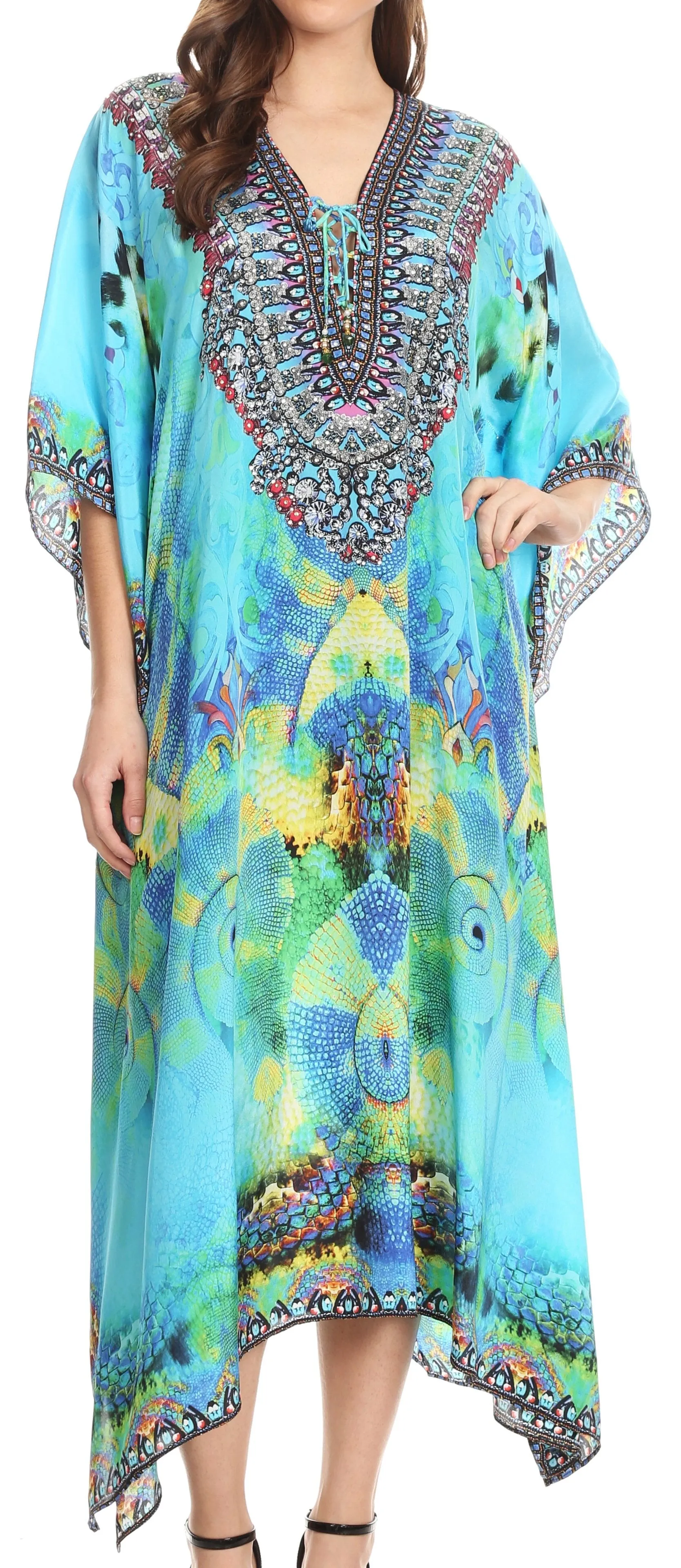 Sakkas Imani V-neck Silky Lightweight Colorful Flowy Rhinestone Kaftan / Cover Up