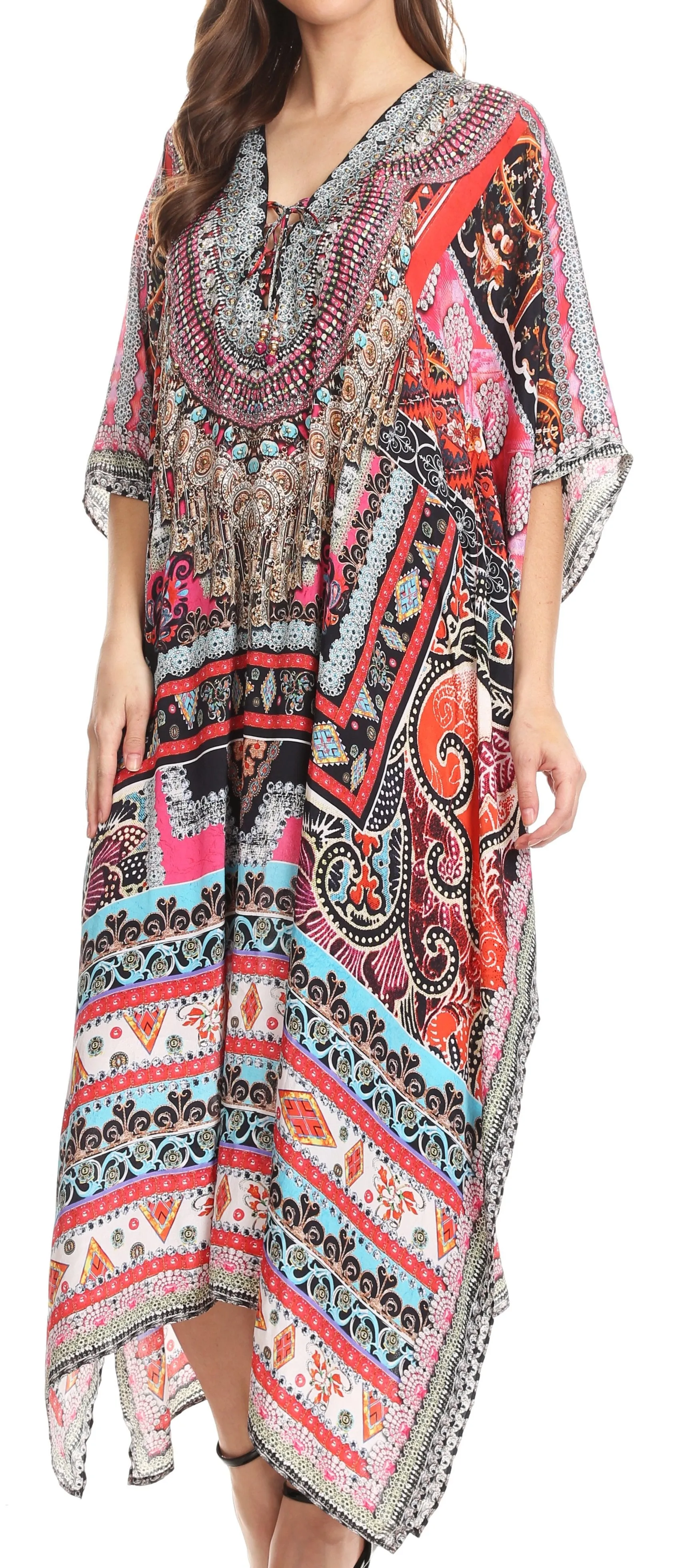 Sakkas Imani V-neck Silky Lightweight Colorful Flowy Rhinestone Kaftan / Cover Up