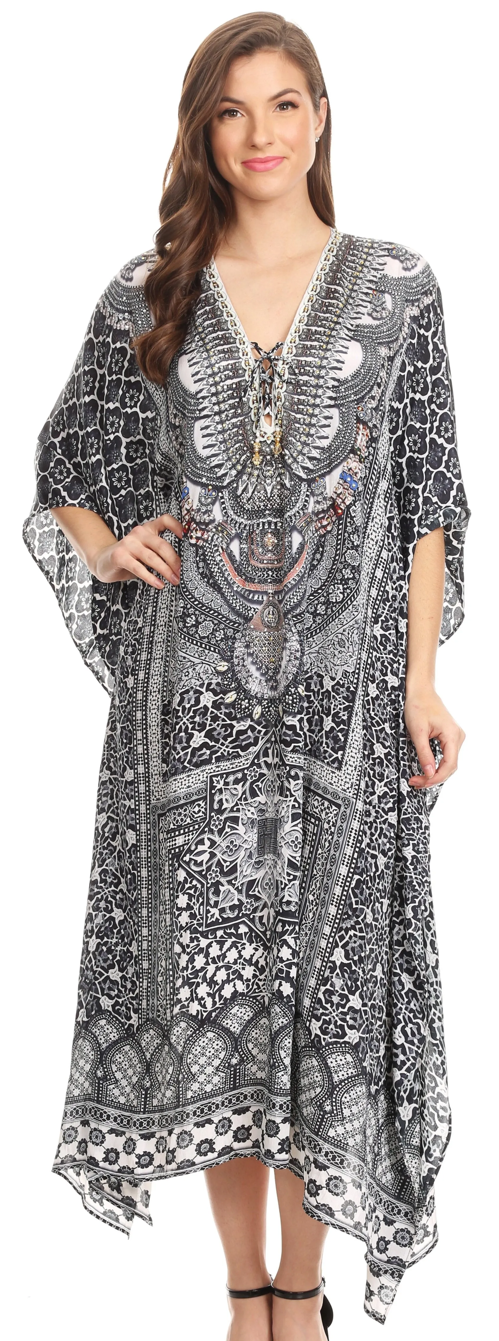 Sakkas Imani V-neck Silky Lightweight Colorful Flowy Rhinestone Kaftan / Cover Up