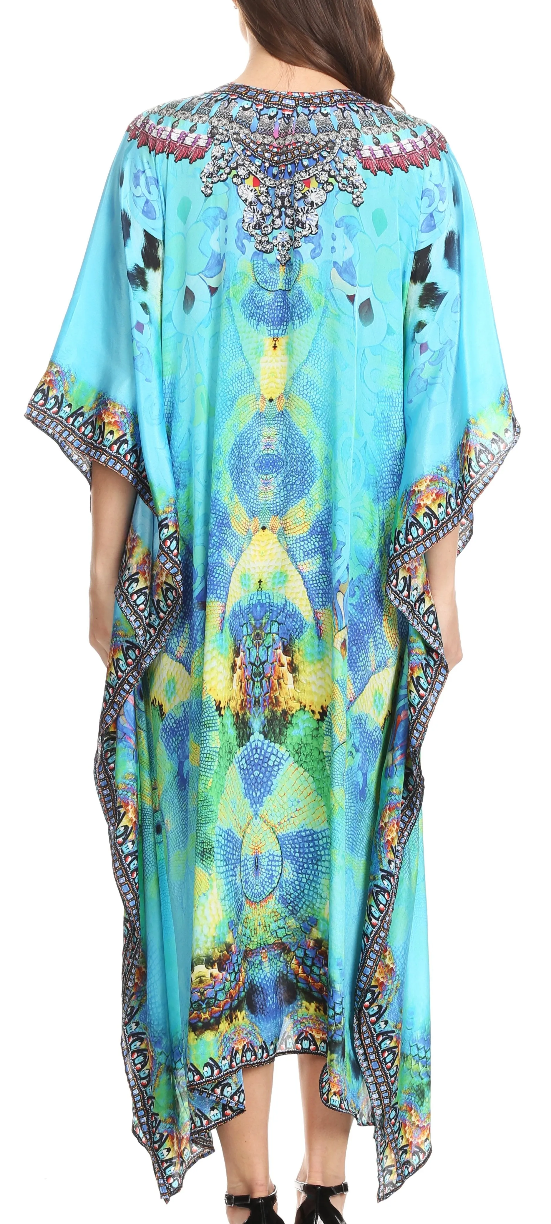 Sakkas Imani V-neck Silky Lightweight Colorful Flowy Rhinestone Kaftan / Cover Up