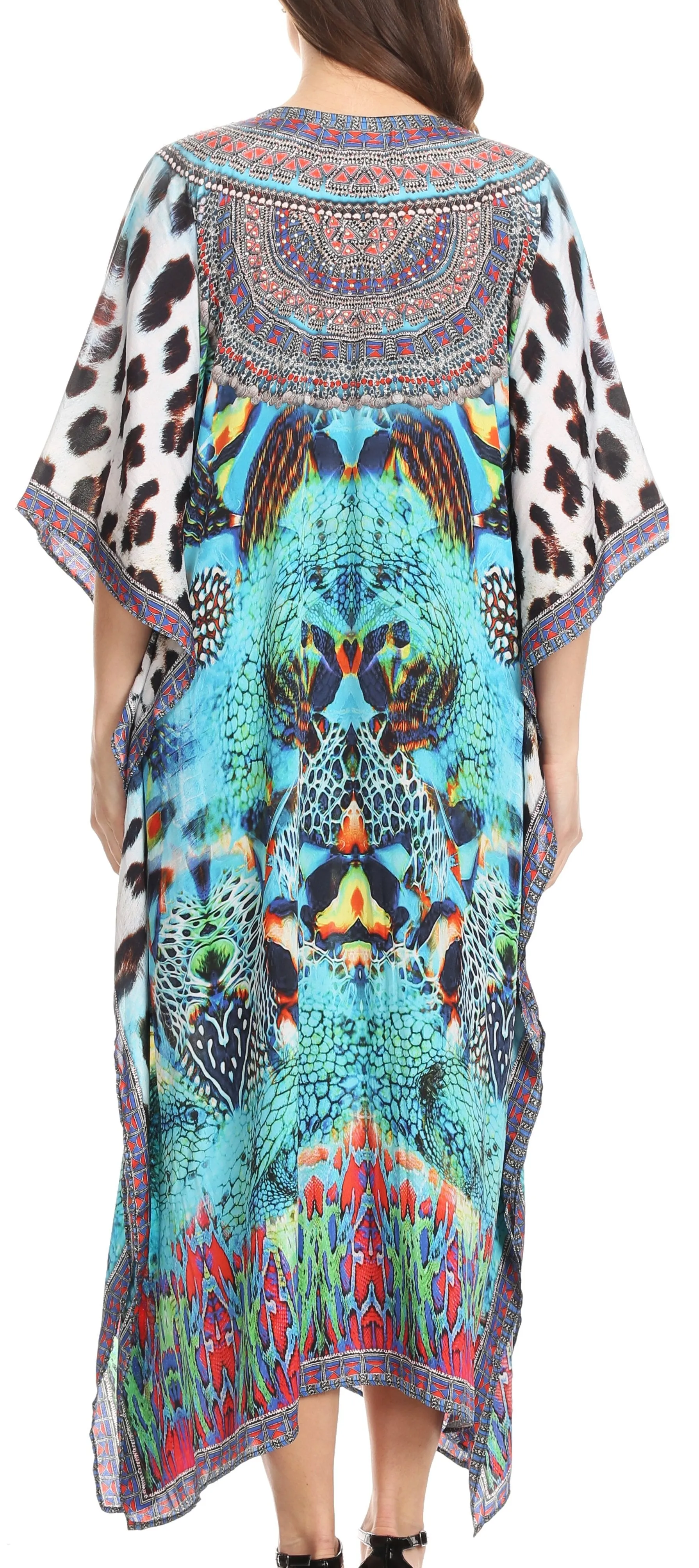 Sakkas Imani V-neck Silky Lightweight Colorful Flowy Rhinestone Kaftan / Cover Up