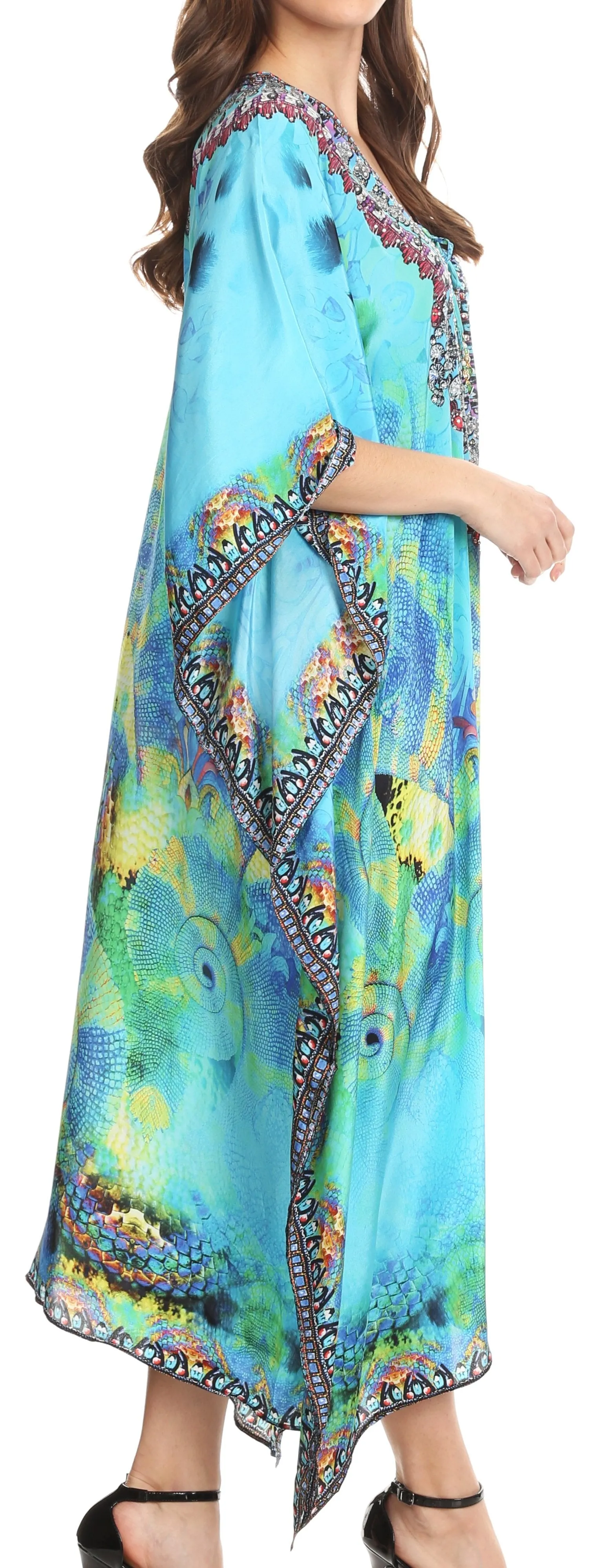 Sakkas Imani V-neck Silky Lightweight Colorful Flowy Rhinestone Kaftan / Cover Up