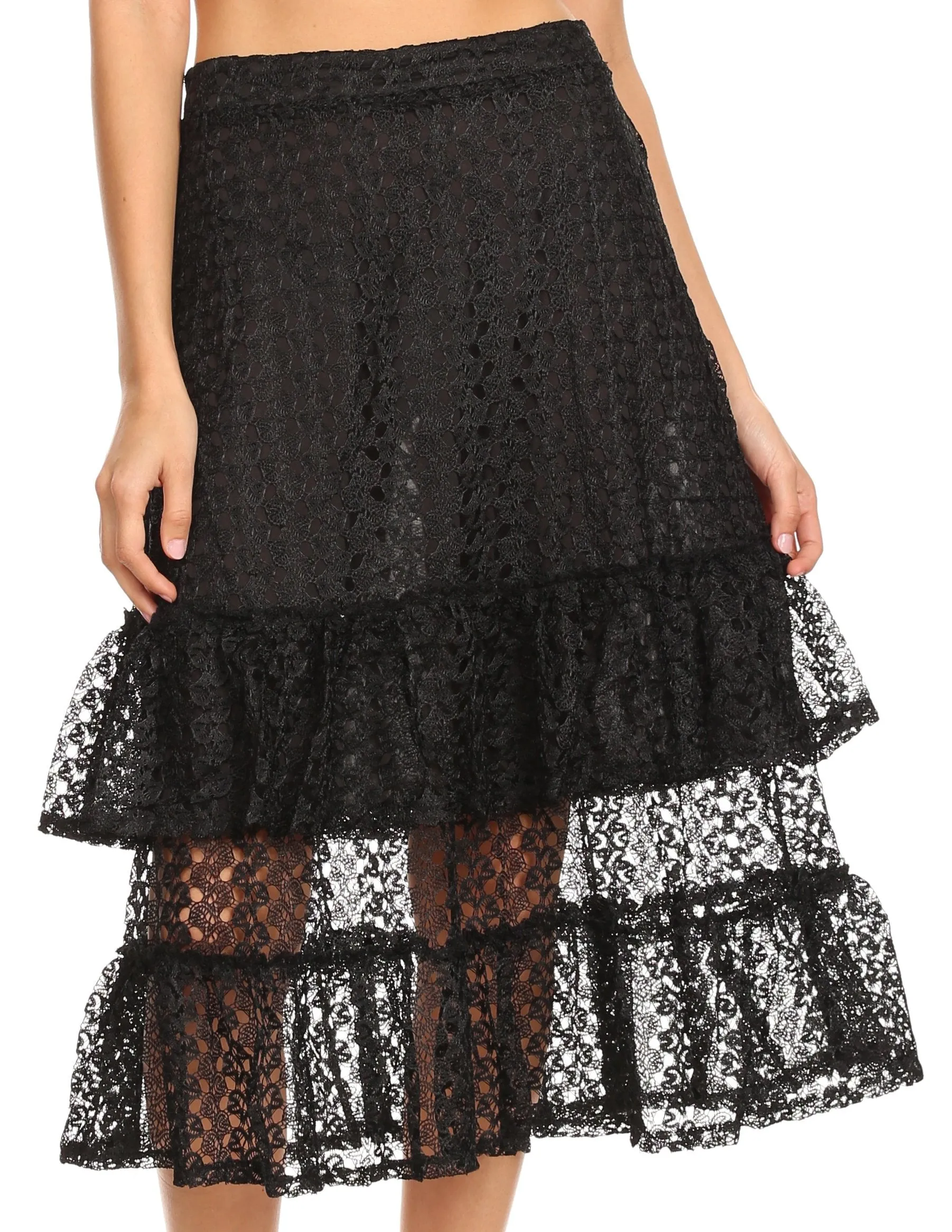 Sakkas Lavinia Women's Basic Versatile Lace Ruffle Midi Skirt Vintage A line