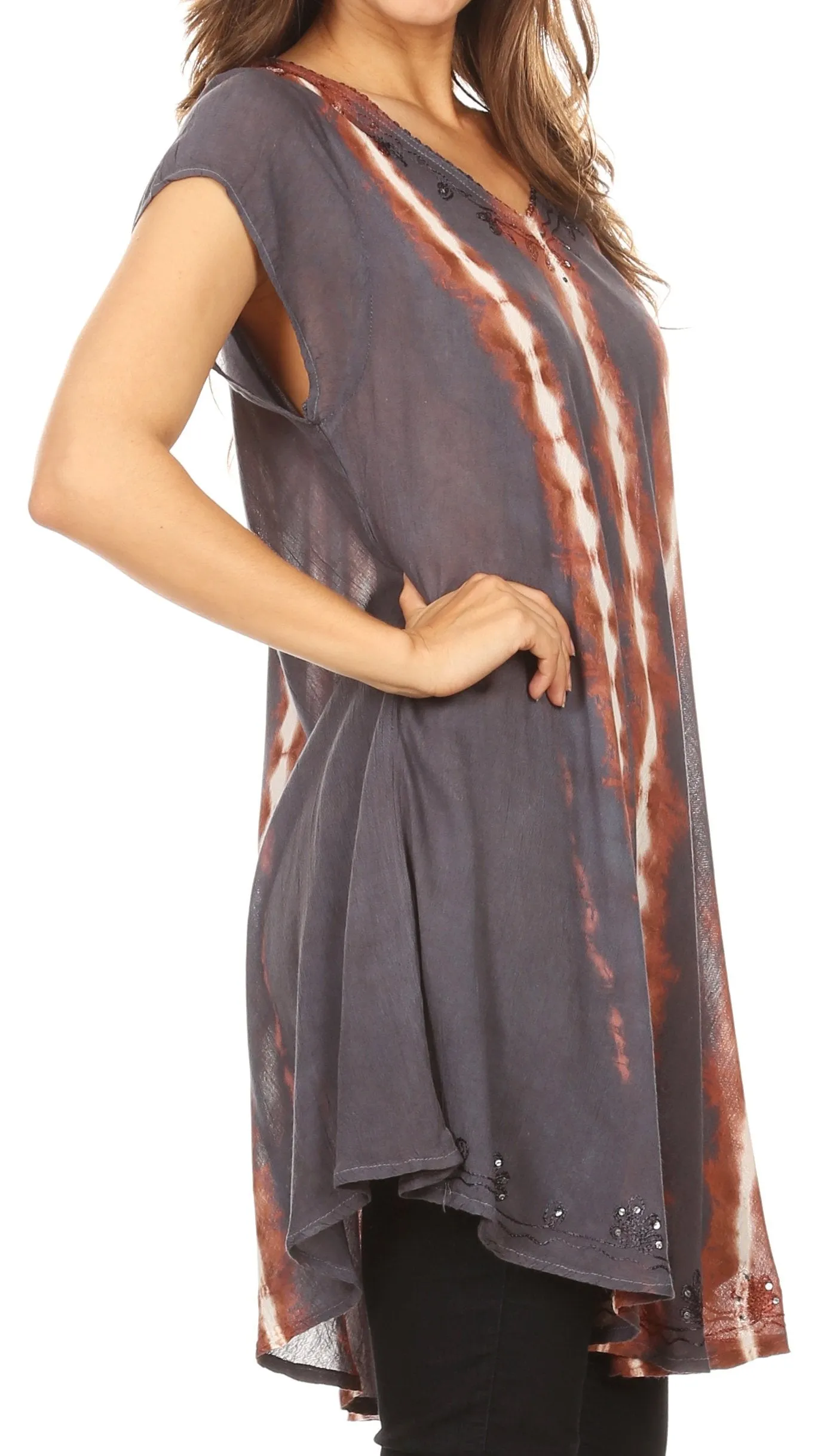 Sakkas Maite Womens Tie Dye V neck Tunic Top Ethnic Summer Style Flowy w/sequin