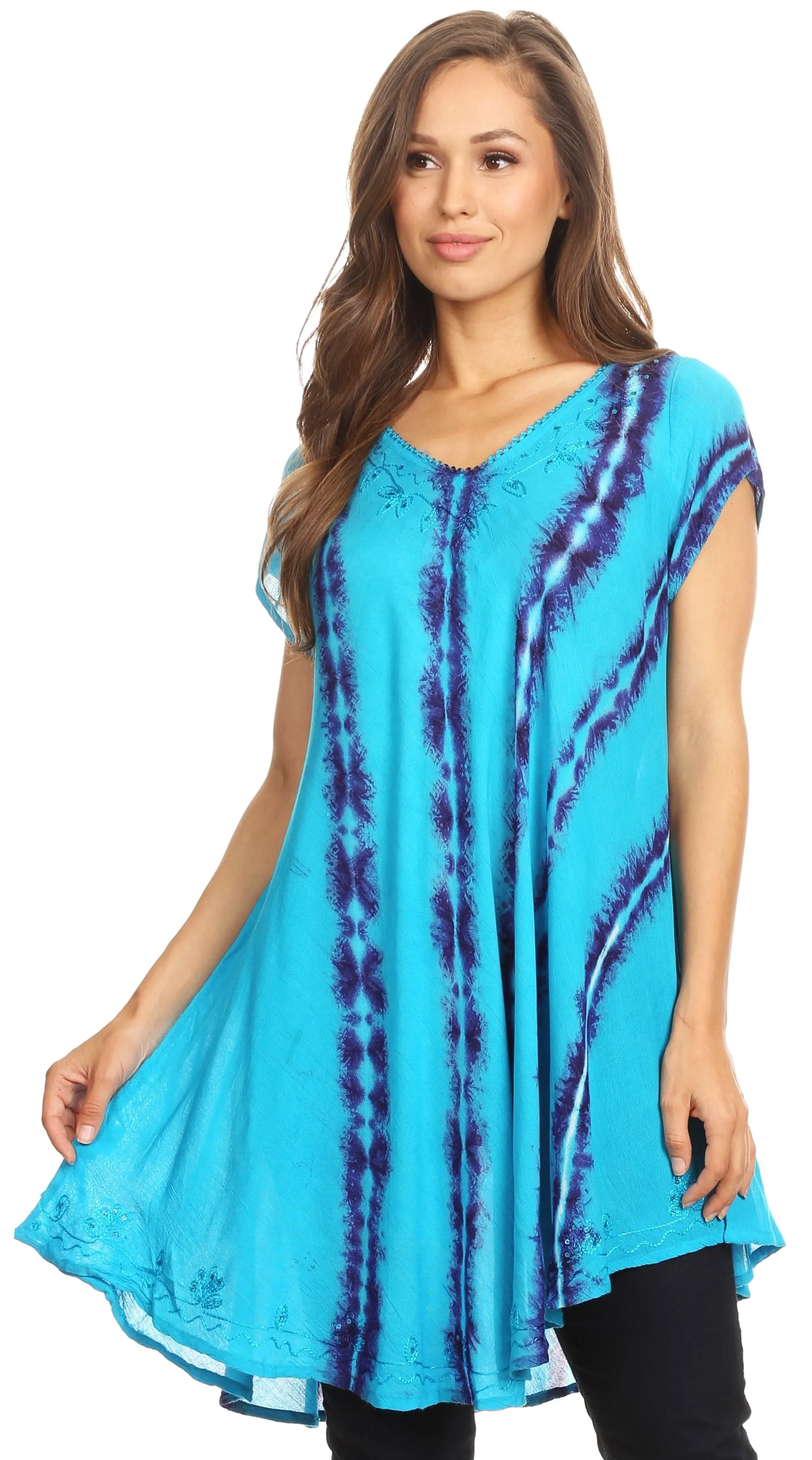 Sakkas Maite Womens Tie Dye V neck Tunic Top Ethnic Summer Style Flowy w/sequin