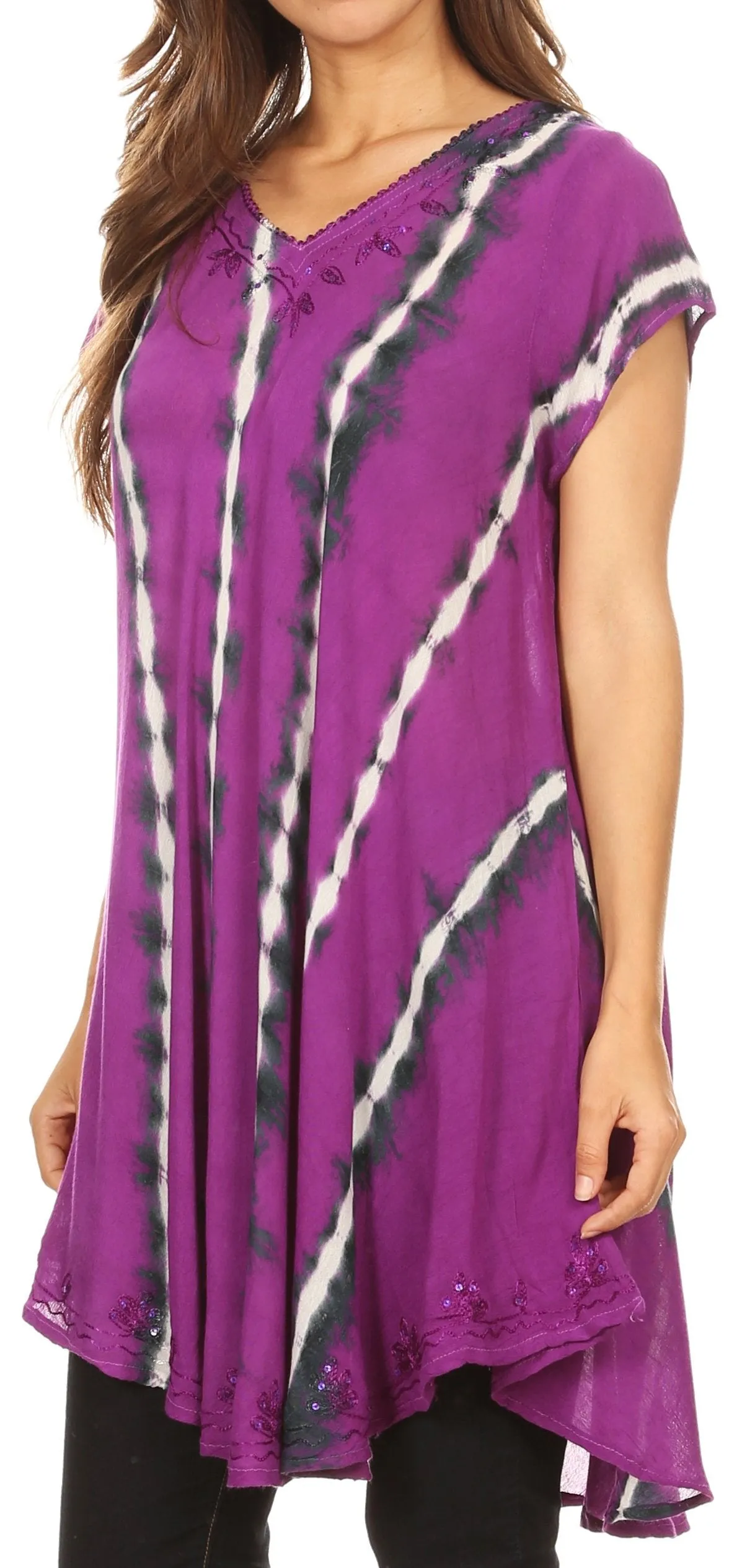 Sakkas Maite Womens Tie Dye V neck Tunic Top Ethnic Summer Style Flowy w/sequin