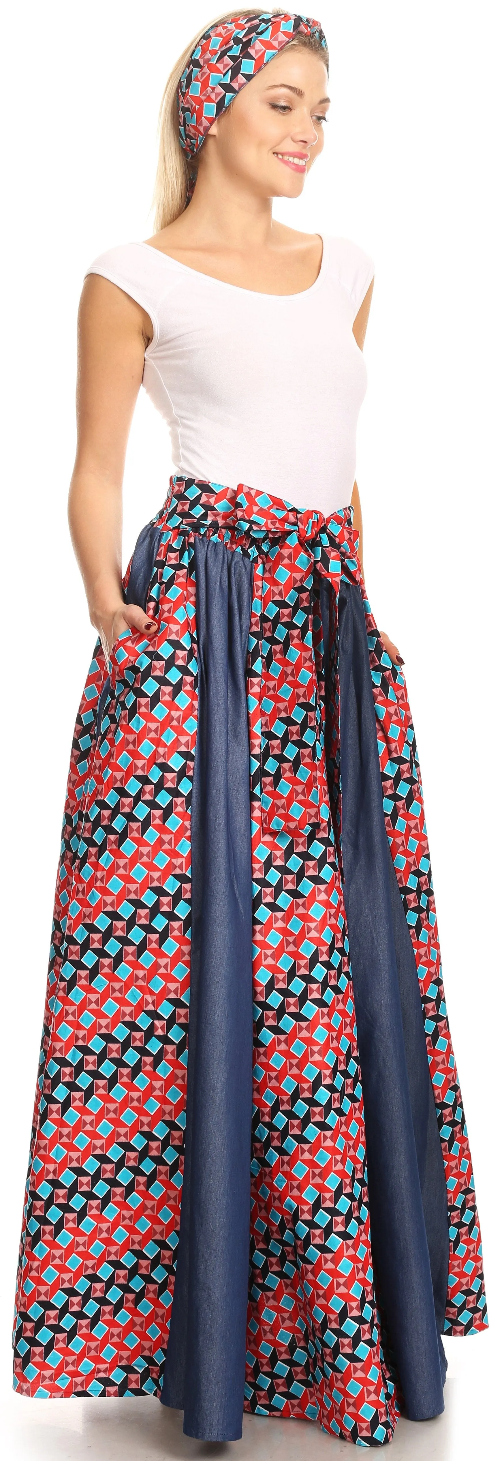 Sakkas Monifa Long Maxi Skirt Colorful Ankara Wax Dutch African Skirt Gorgeous