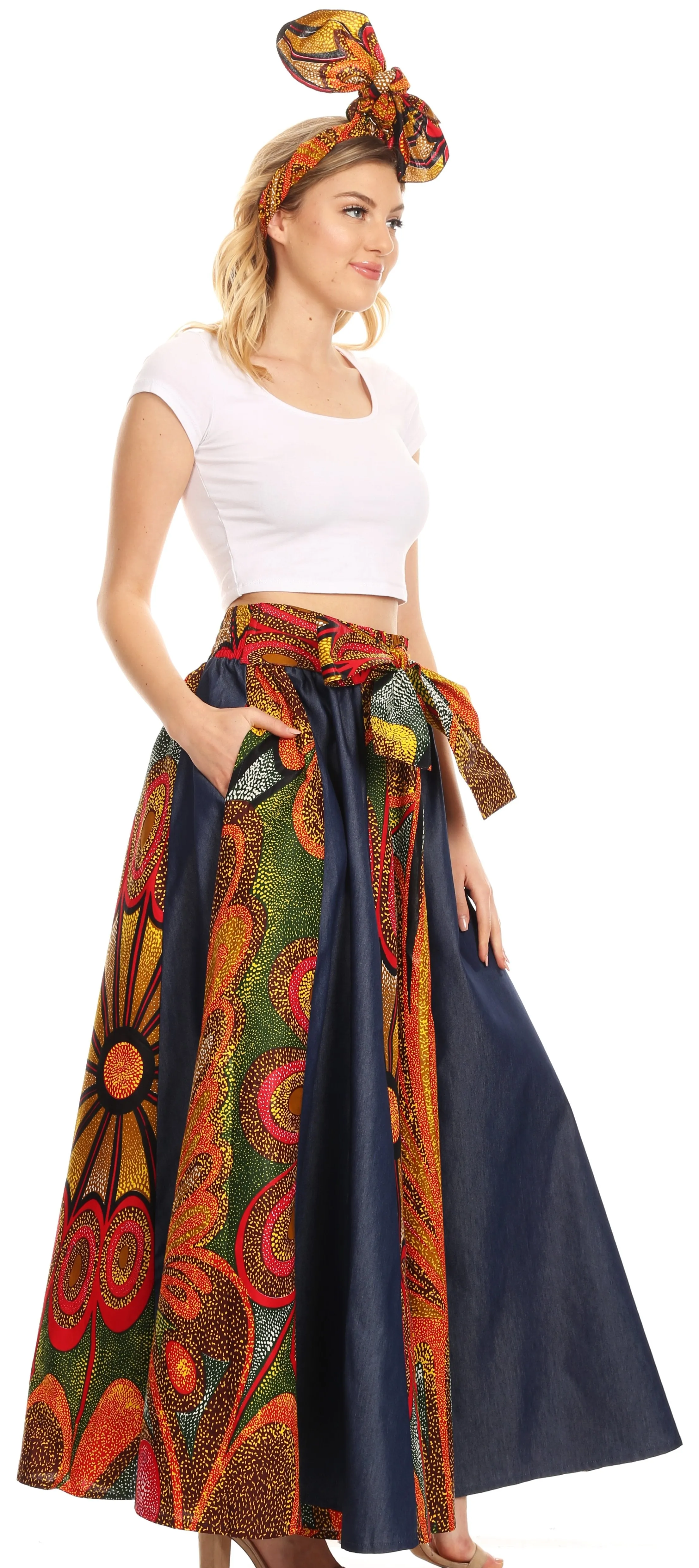 Sakkas Monifa Long Maxi Skirt Colorful Ankara Wax Dutch African Skirt Gorgeous