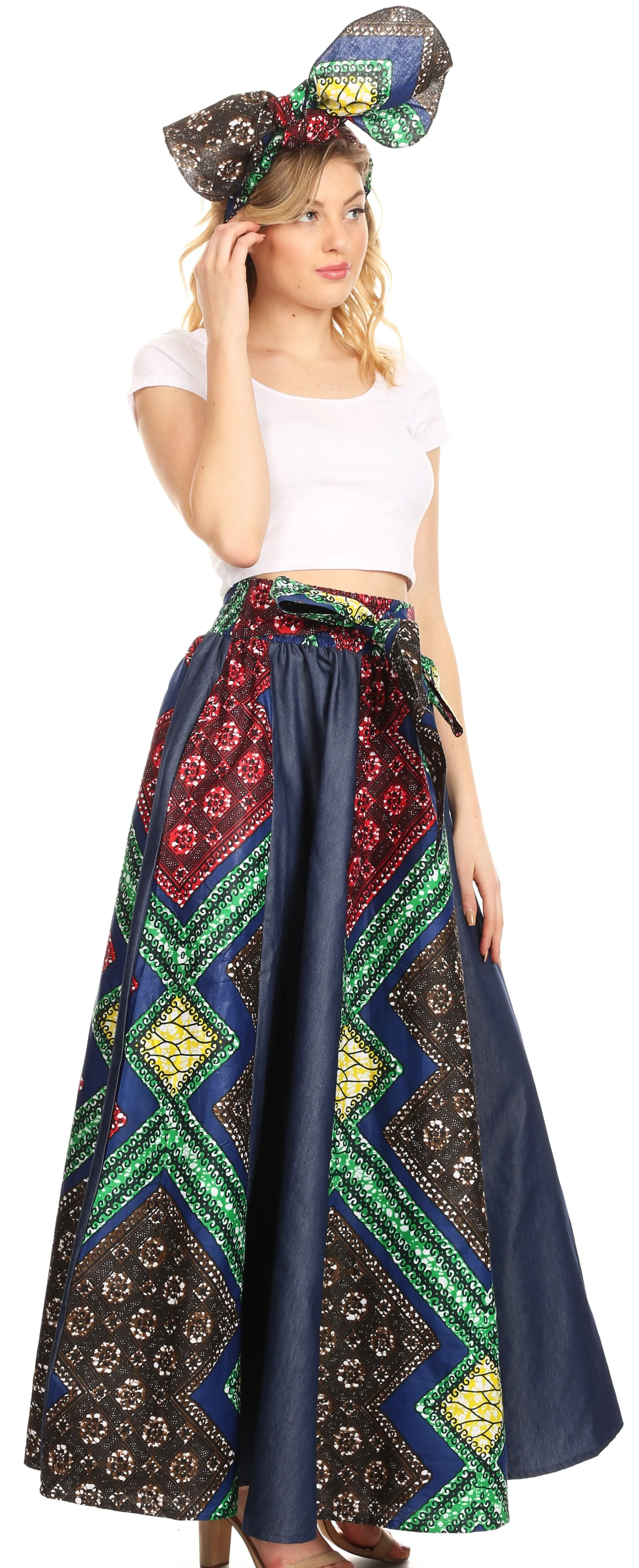 Sakkas Monifa Long Maxi Skirt Colorful Ankara Wax Dutch African Skirt Gorgeous