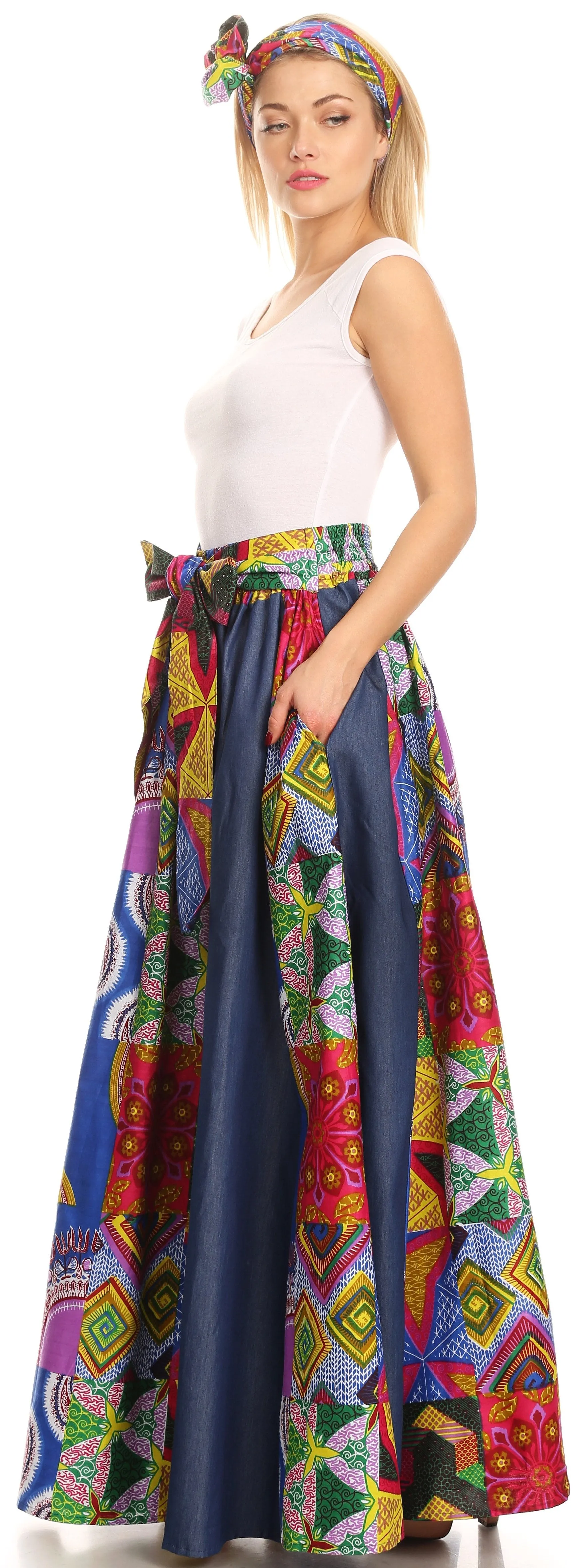 Sakkas Monifa Long Maxi Skirt Colorful Ankara Wax Dutch African Skirt Gorgeous