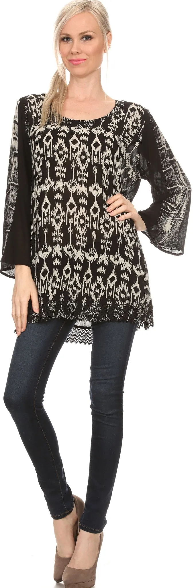 Sakkas Svetlana Scoop Neck Long Sleeve Aztec Print Crochet Hem Blouse Shirt Top