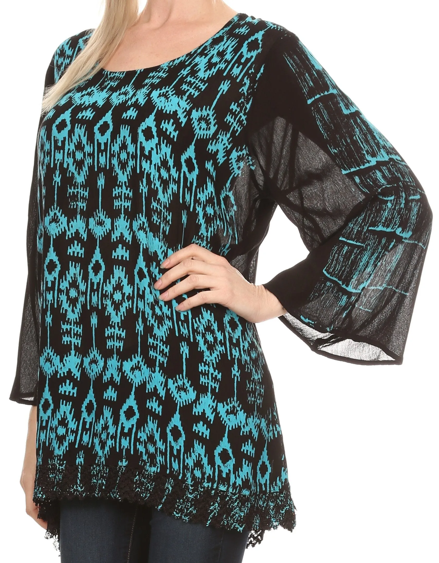 Sakkas Svetlana Scoop Neck Long Sleeve Aztec Print Crochet Hem Blouse Shirt Top