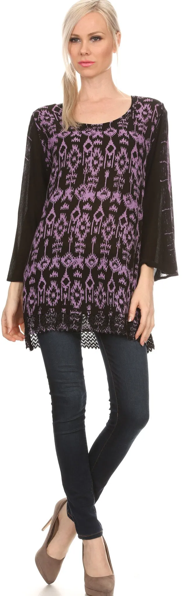 Sakkas Svetlana Scoop Neck Long Sleeve Aztec Print Crochet Hem Blouse Shirt Top