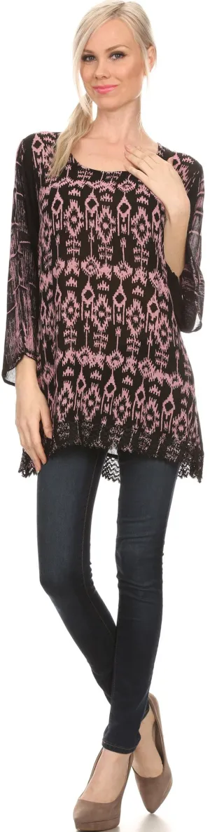 Sakkas Svetlana Scoop Neck Long Sleeve Aztec Print Crochet Hem Blouse Shirt Top