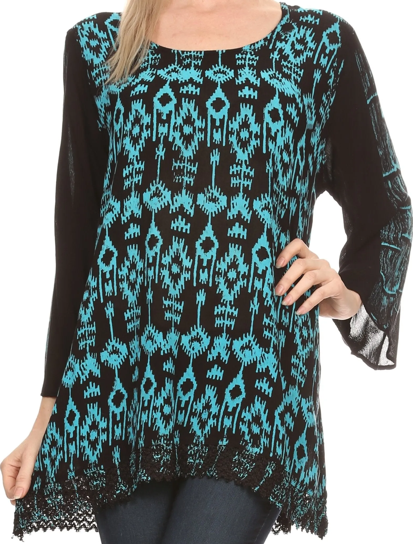 Sakkas Svetlana Scoop Neck Long Sleeve Aztec Print Crochet Hem Blouse Shirt Top