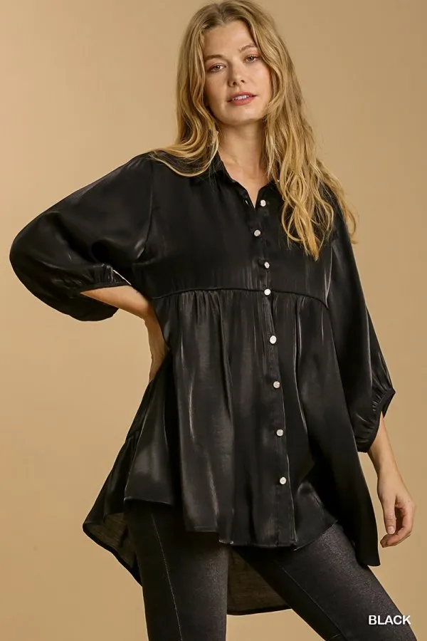 Satin 3/4 sleeve collar button down back tiered tunic dress with high-low hem