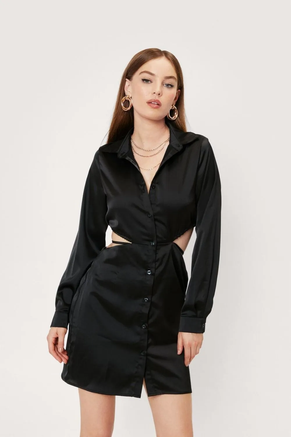 Satin Strappy Waist Shirt Dress