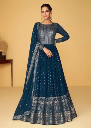 Sequins & Thread Real Georgette Blue Indian Anarkali Suit