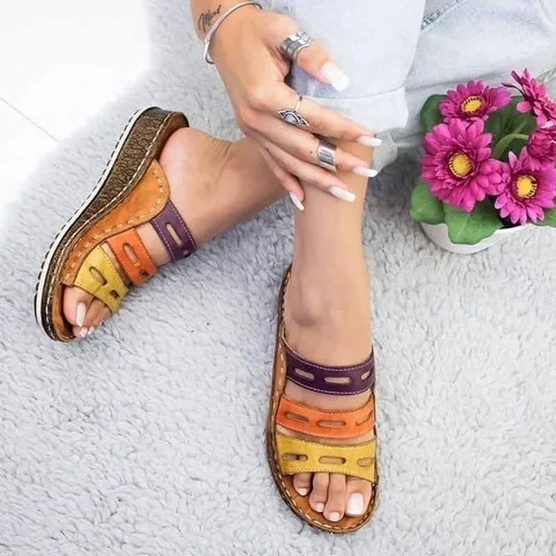 Slip-On Open Toe  Leather Platform Wedges