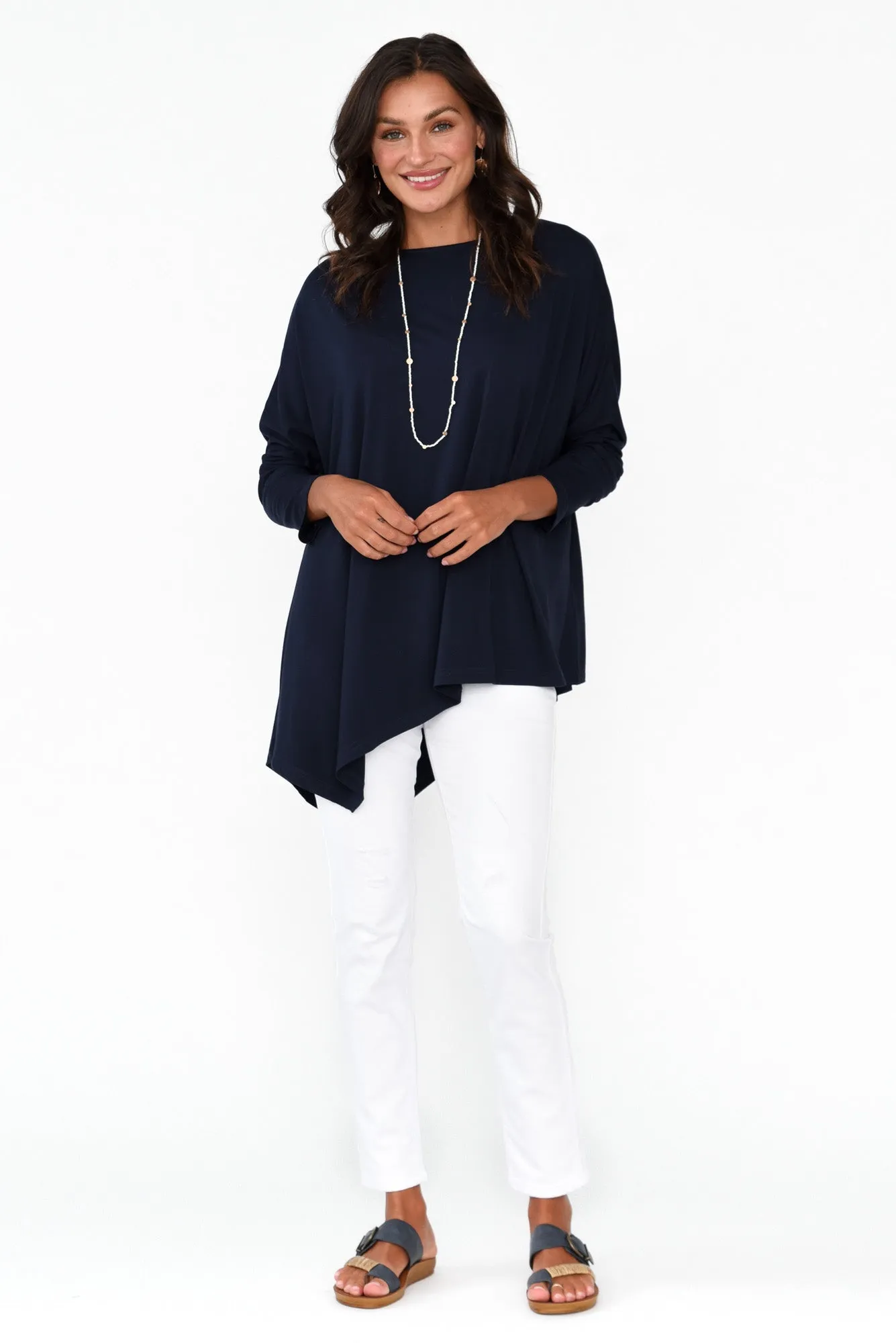 Susie Navy Asymmetrical Bamboo Top