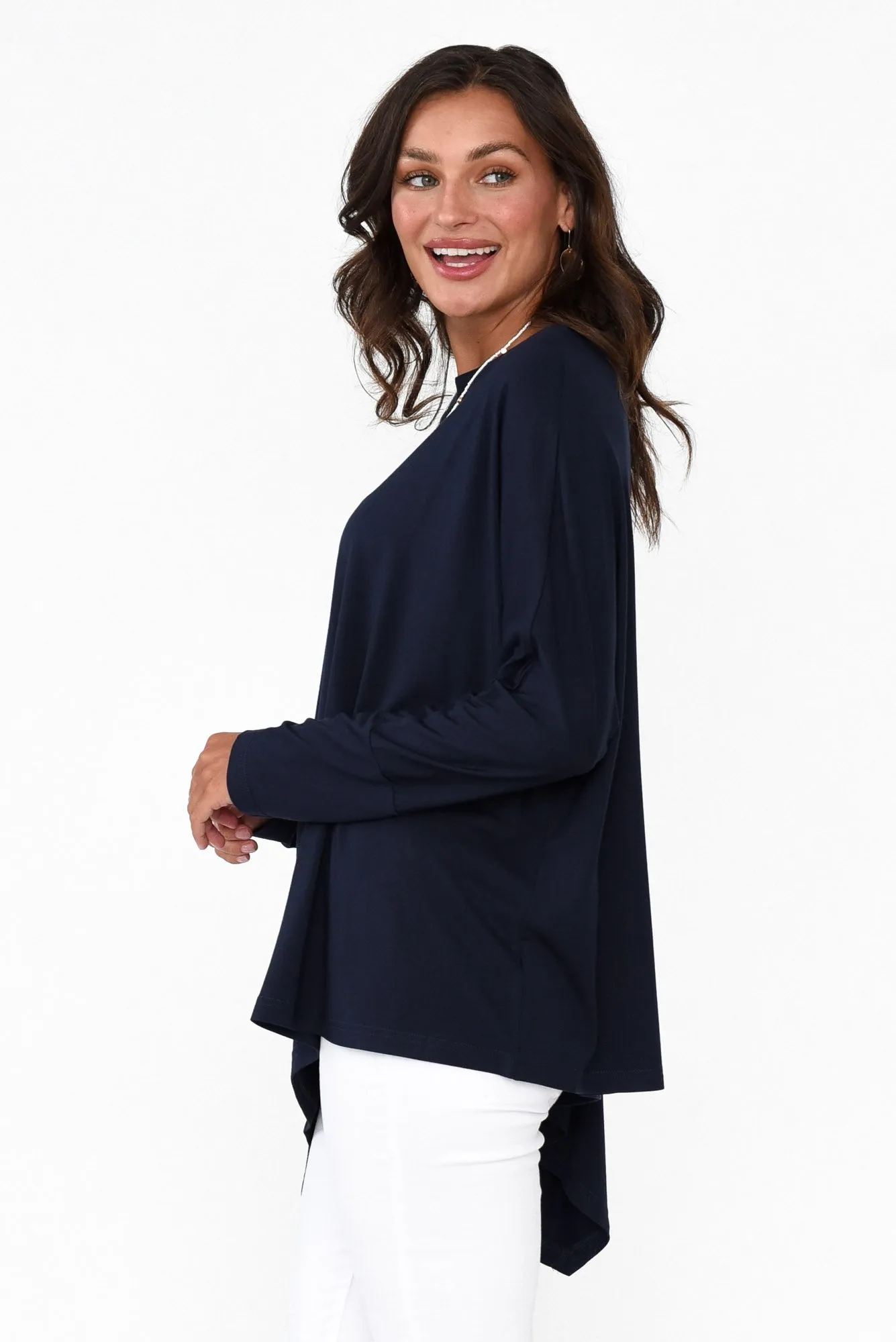 Susie Navy Asymmetrical Bamboo Top