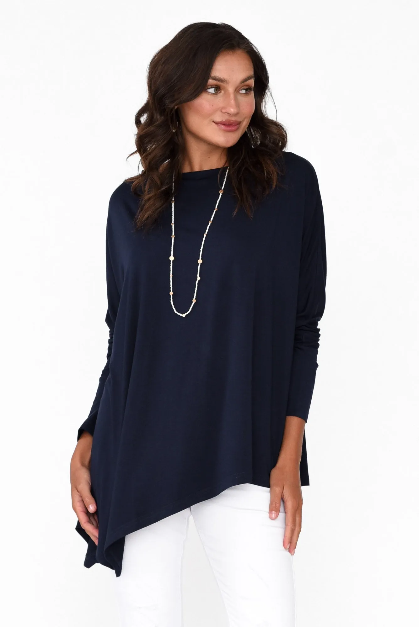 Susie Navy Asymmetrical Bamboo Top