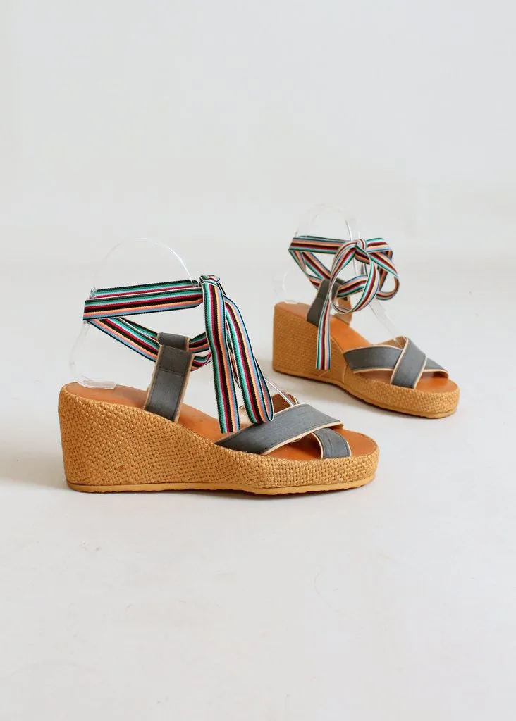 Vintage 1970s Rainbow Ribbon Ankle Tie Platform Sandals