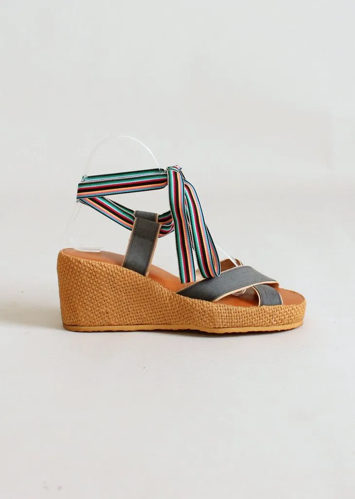 Vintage 1970s Rainbow Ribbon Ankle Tie Platform Sandals