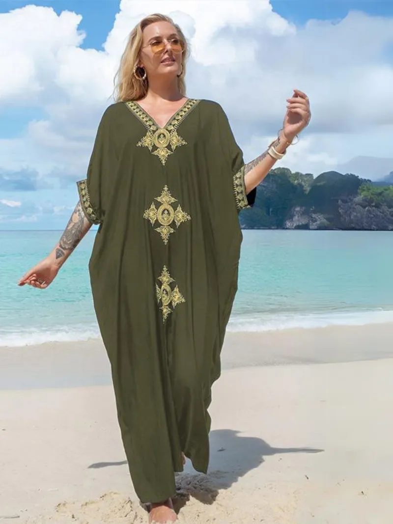 Women's Beachside Relaxation Embroidered Short Sleeves Kaftan Dress