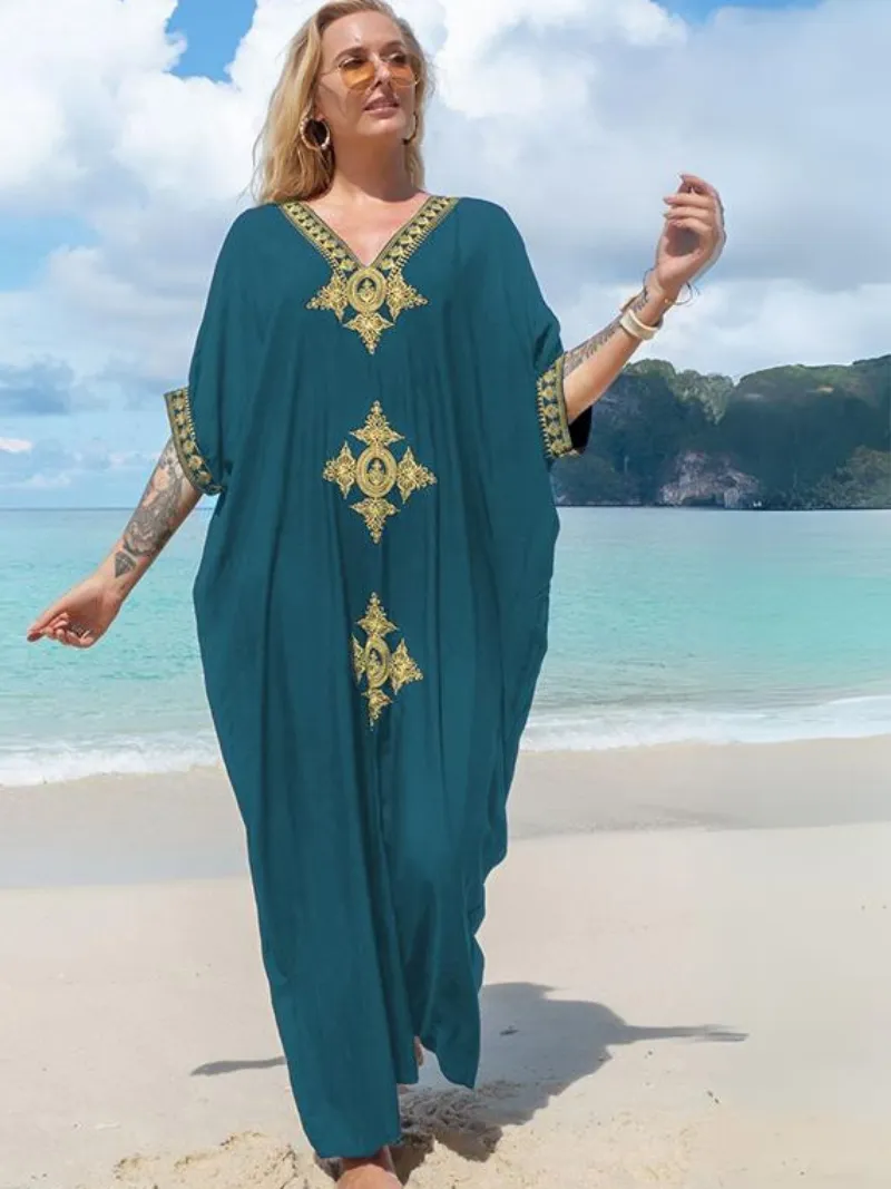 Women's Beachside Relaxation Embroidered Short Sleeves Kaftan Dress