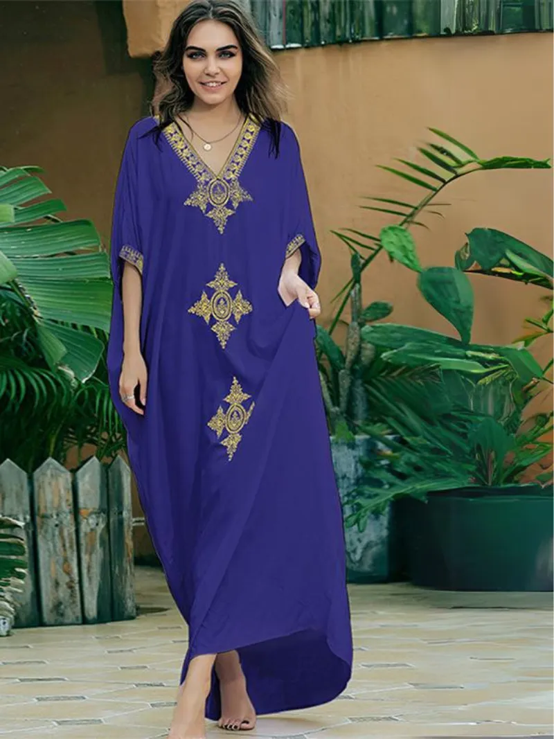 Women's Beachside Relaxation Embroidered Short Sleeves Kaftan Dress