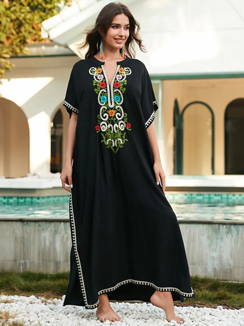 Women's Cross-Border Rayon Embroidered Short Slevees Kaftan Dress