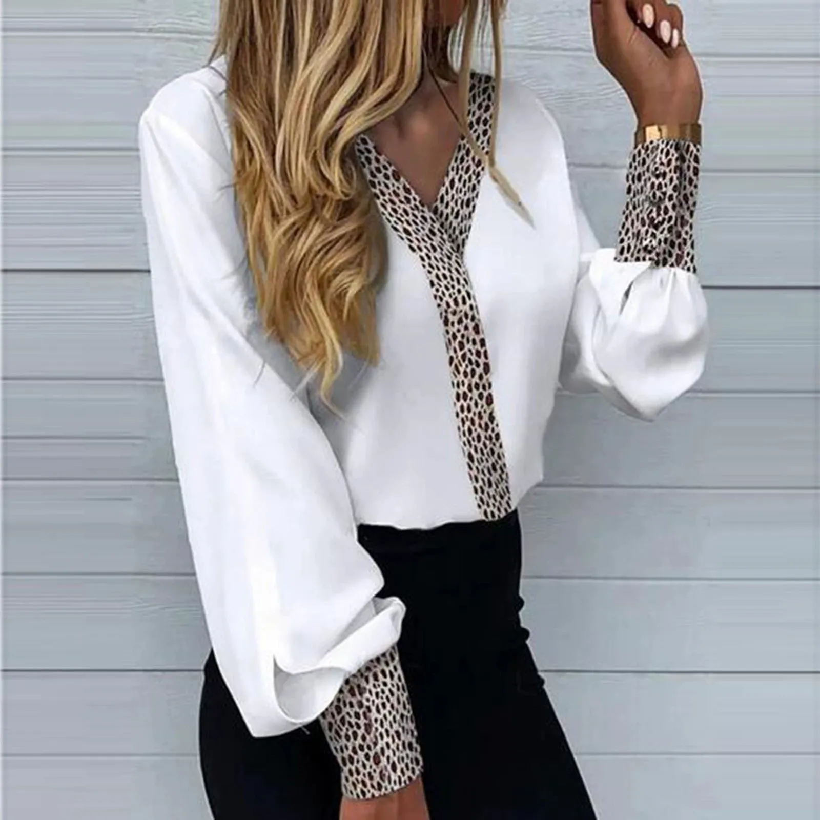 Women's Ins V-neck Leopard Print Thin Casual Long Sleeve Top