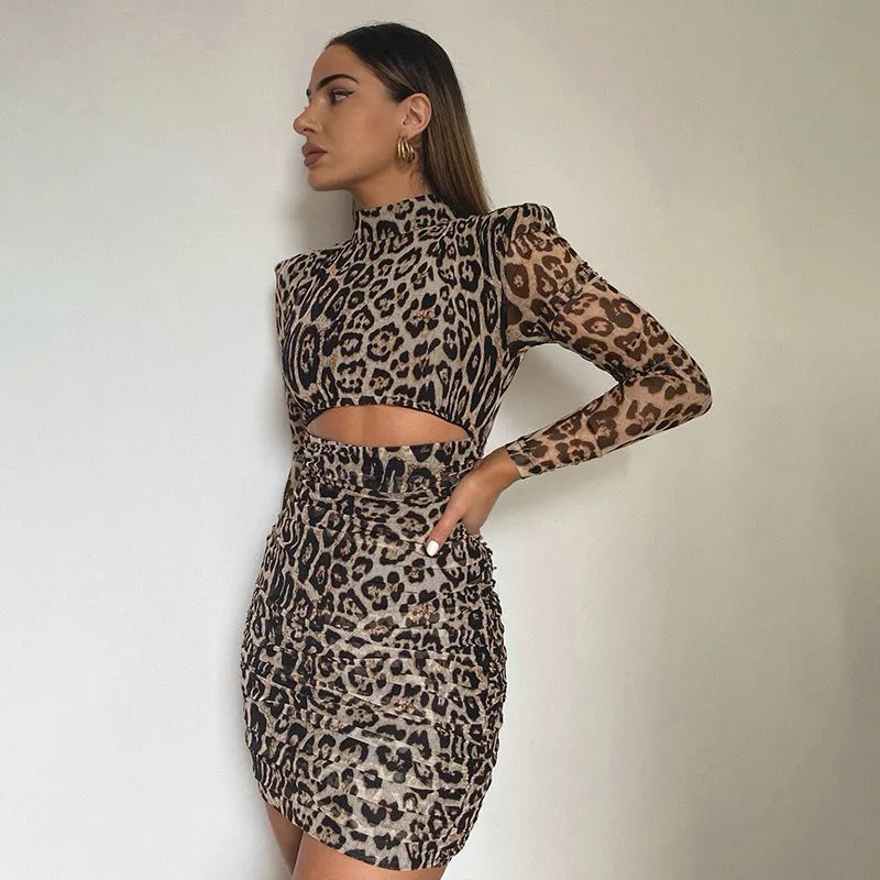 Women's long-sleeved round neck leopard print slim fashion hip dress