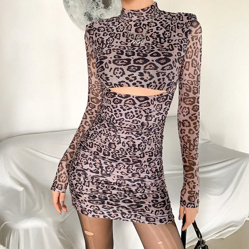 Women's long-sleeved round neck leopard print slim fashion hip dress