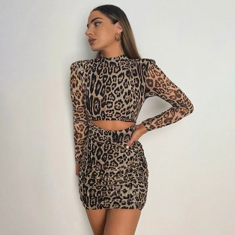 Women's long-sleeved round neck leopard print slim fashion hip dress