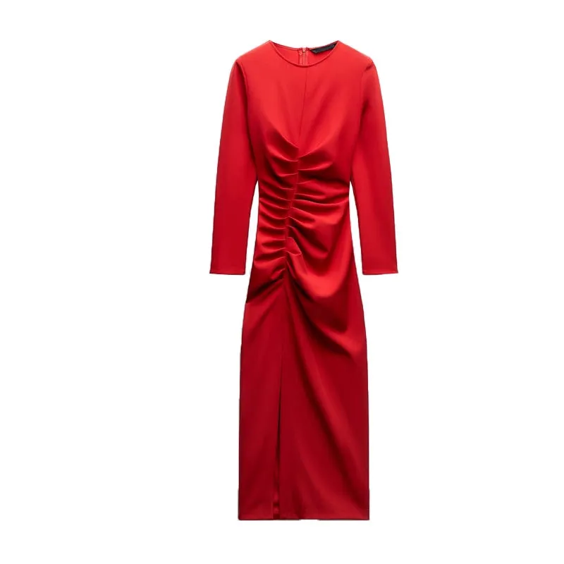 Za Autumn Red New Style Evening Dress Slit Dress Front Pleated Silm Midi Skirt Dress 2298179