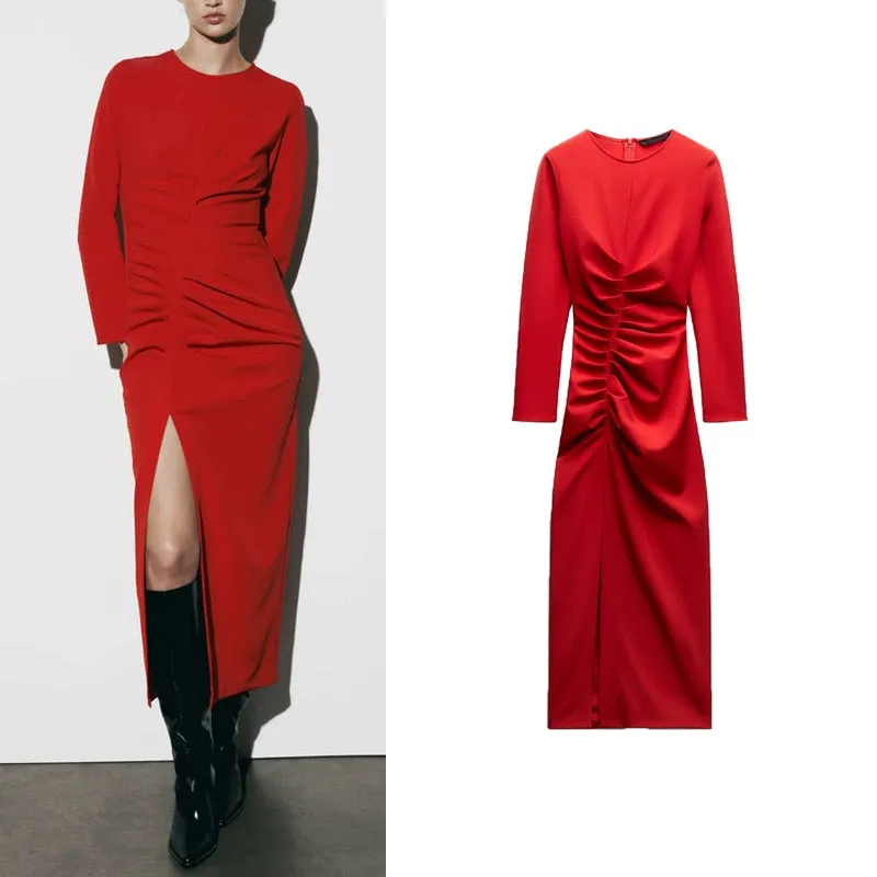 Za Autumn Red New Style Evening Dress Slit Dress Front Pleated Silm Midi Skirt Dress 2298179